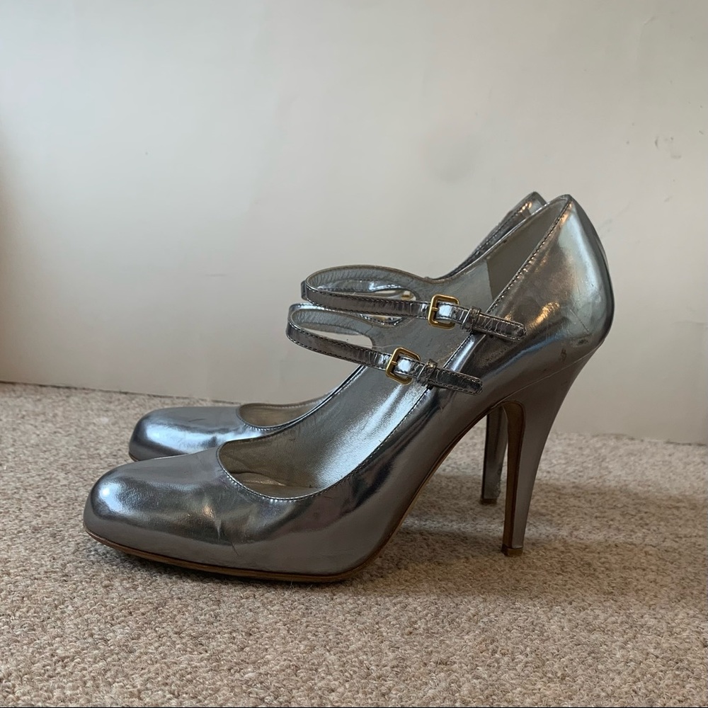 miu miu silver patent leather heels 37